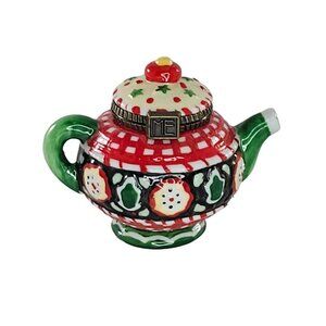 Mary Engelbreit Enesco Ceramic Teapot Trinket Box Red & Green Checkered Design